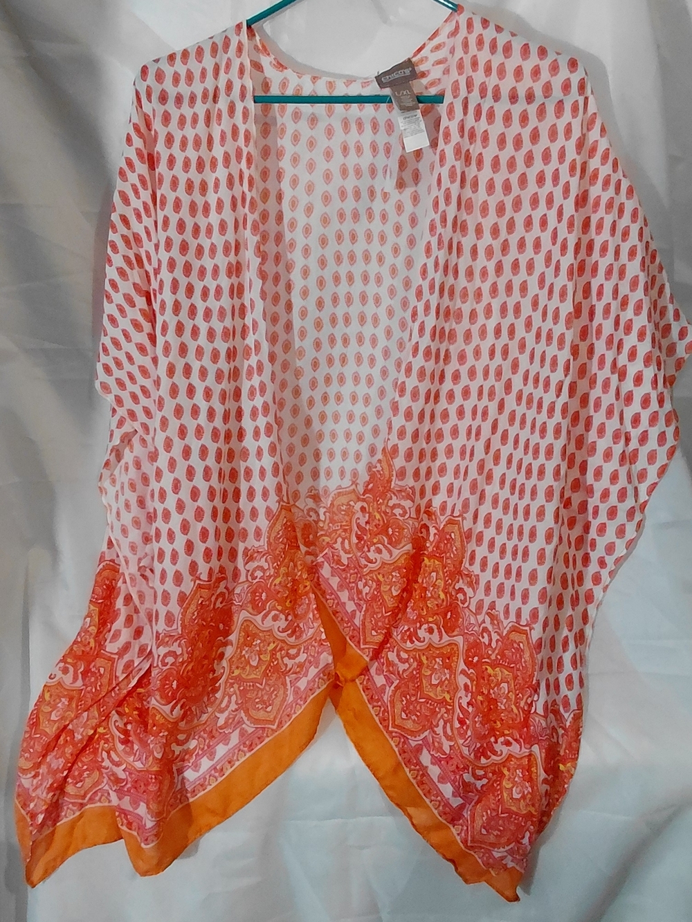 Chico's White and Orange Printed Sheer Swim Coverup